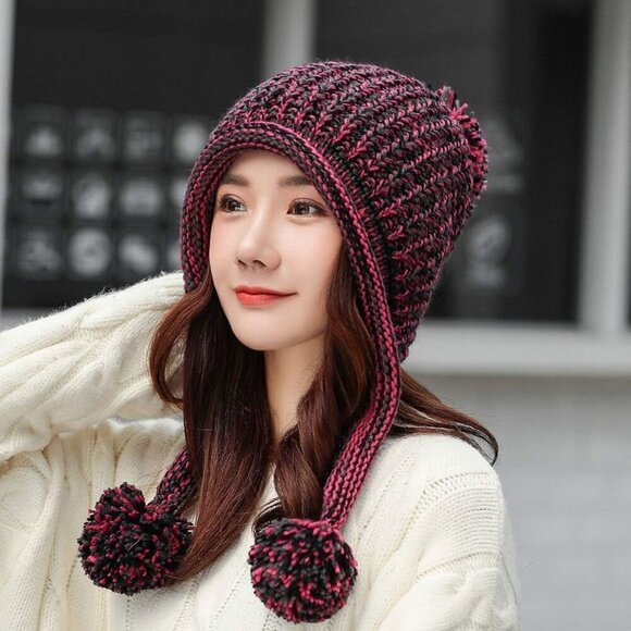 Women Rose Red Winter Peruvian Cover Ears Beanie Hat Ear Flaps Sherpa Ski Snow main image 5